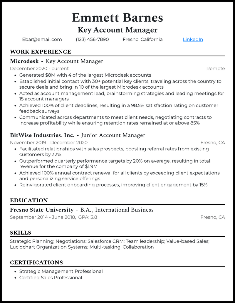 Modern key account manager resume example