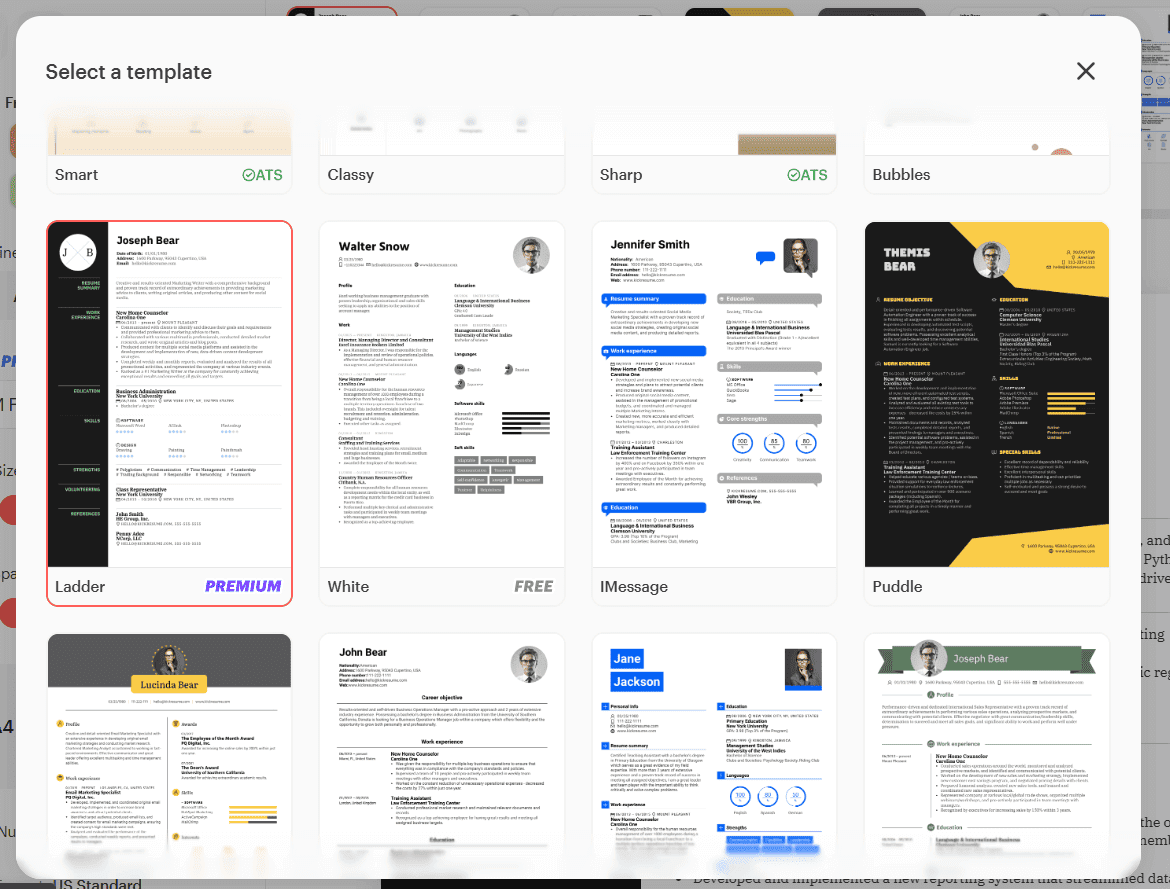 Kickresume's resume template choices