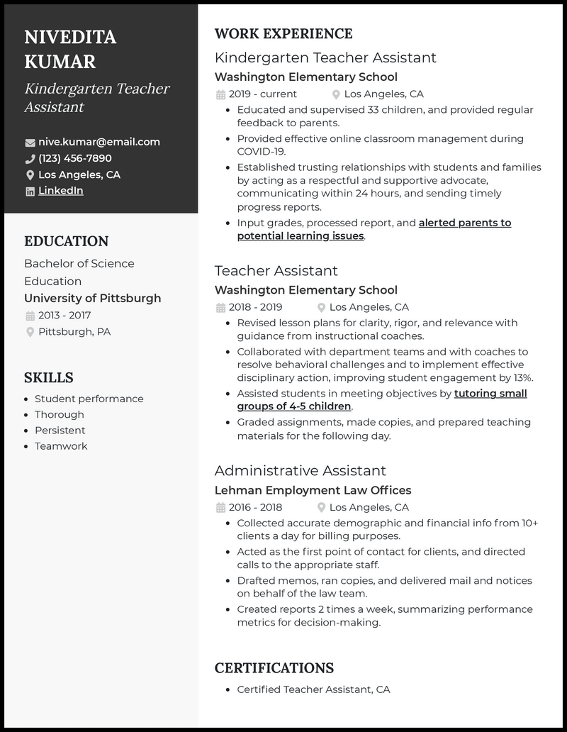 resume for kindergarten teacher without experience