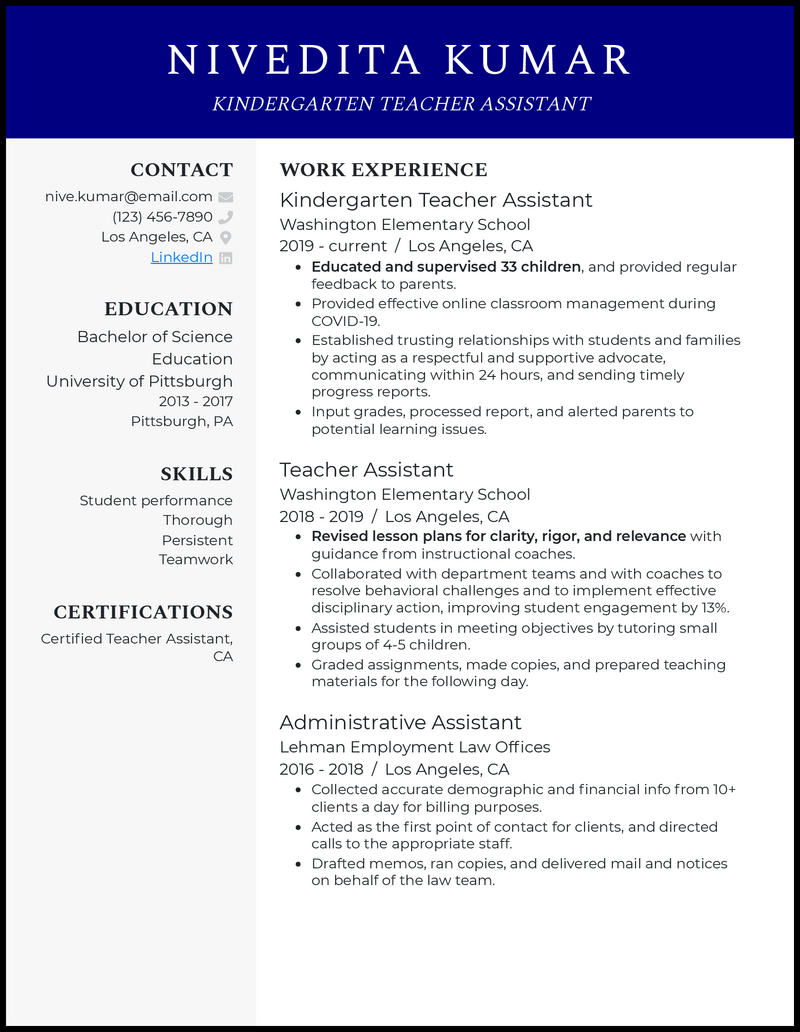 Professional kindergarten teacher assistant resume example