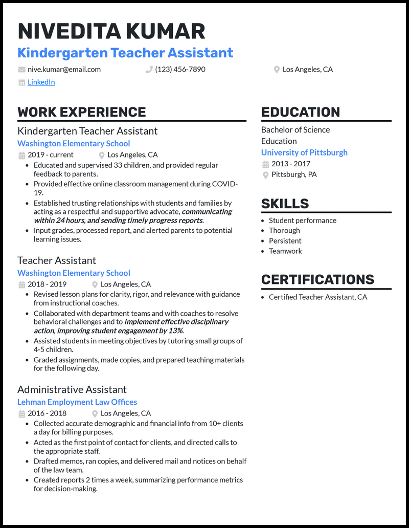 Modern kindergarten teacher assistant resume example