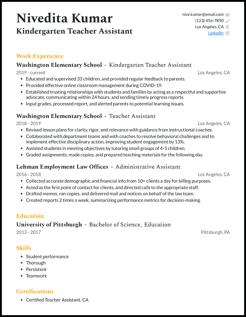 11 Teacher Assistant Resume Examples - Kindergarten Teacher Assistant Yellow Resume Example 