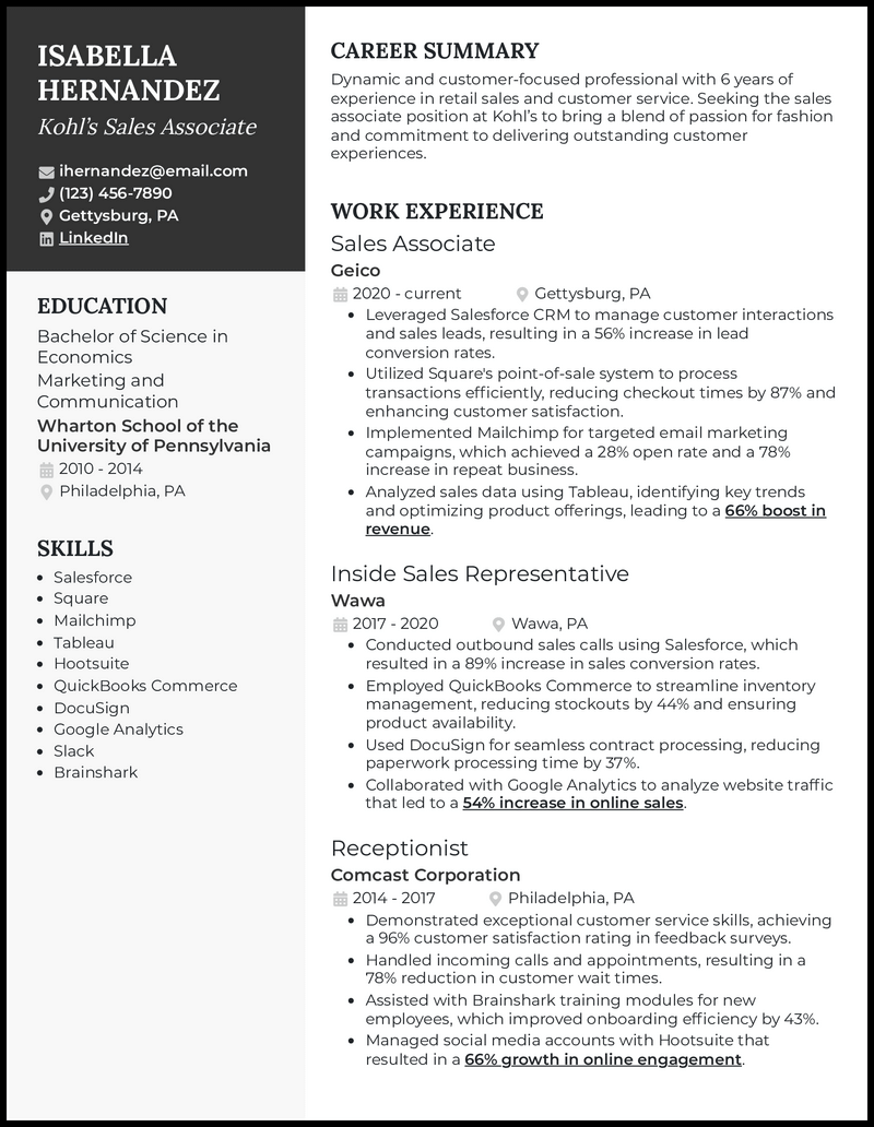 Kohl’s sales associate resume example with 6 years of experience