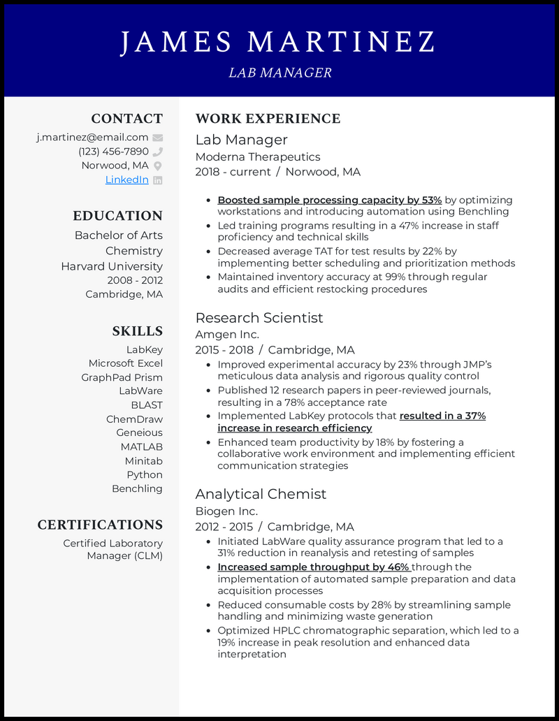 Lab Manager resume example with 11 years experience