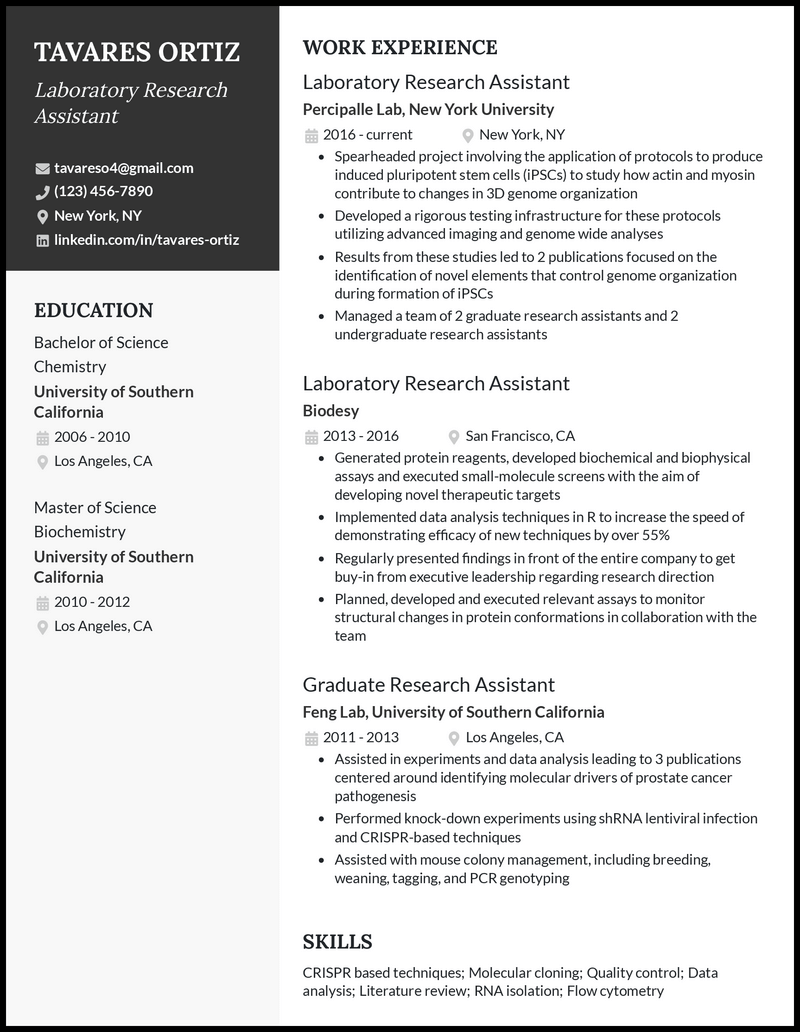 Formal laboratory research assistant resume example