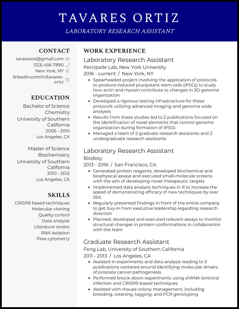 Laboratory research assistant resume example with no experience