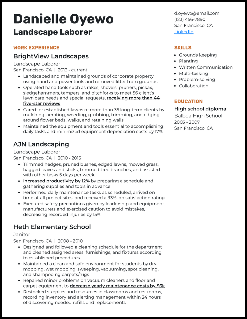 Landscape laborer resume example with 15 years of experience