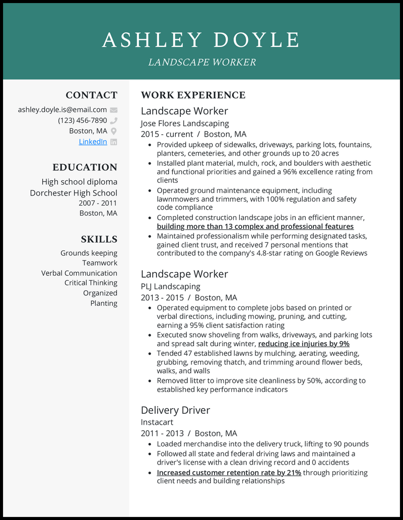 Landscape worker resume example with 12 years of experience