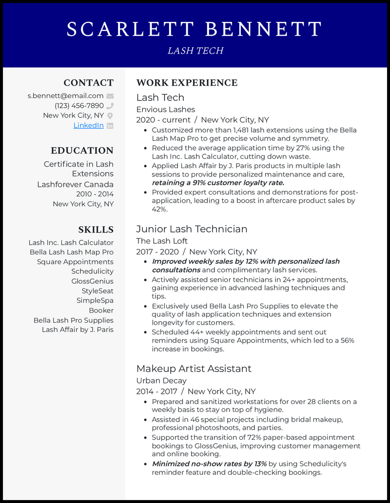 Lash tech resume example with 9 years of experience