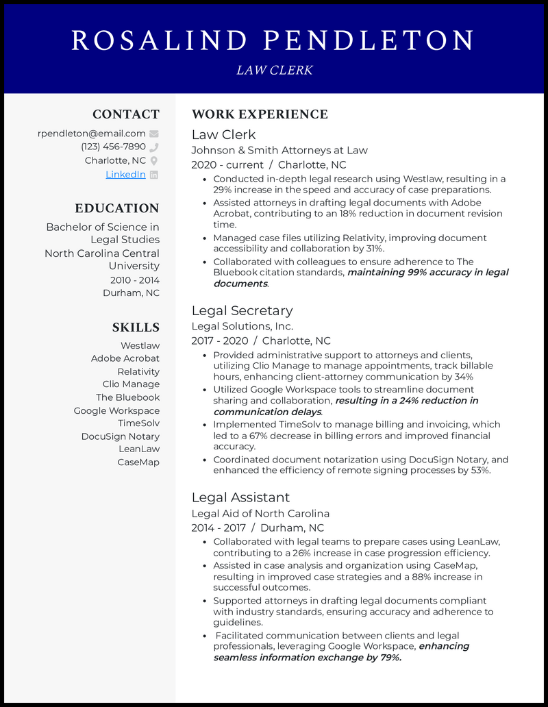 Law clerk resume example with 9 years experience