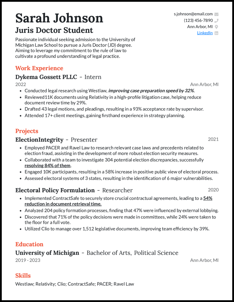 Law school application resume example with project experience