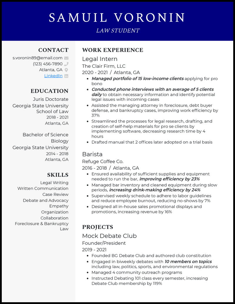 Law student resume example with 6+ years experience