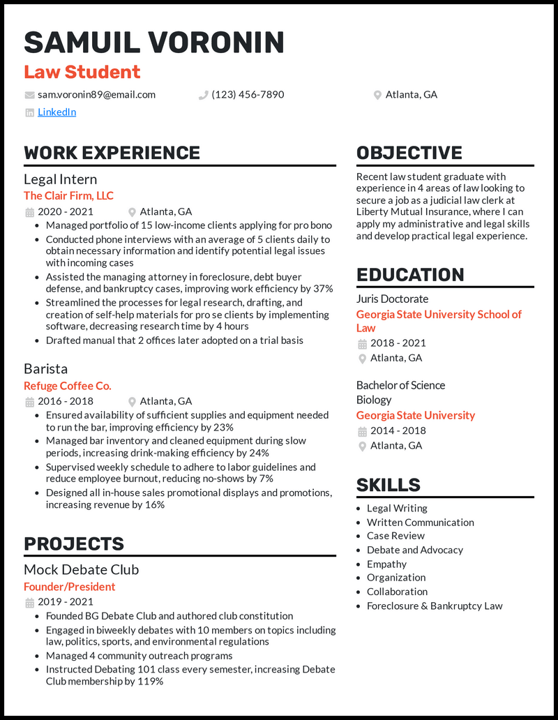 7 Law School Resume Examples Winning The Job In 2024   Law Student Resume Example 