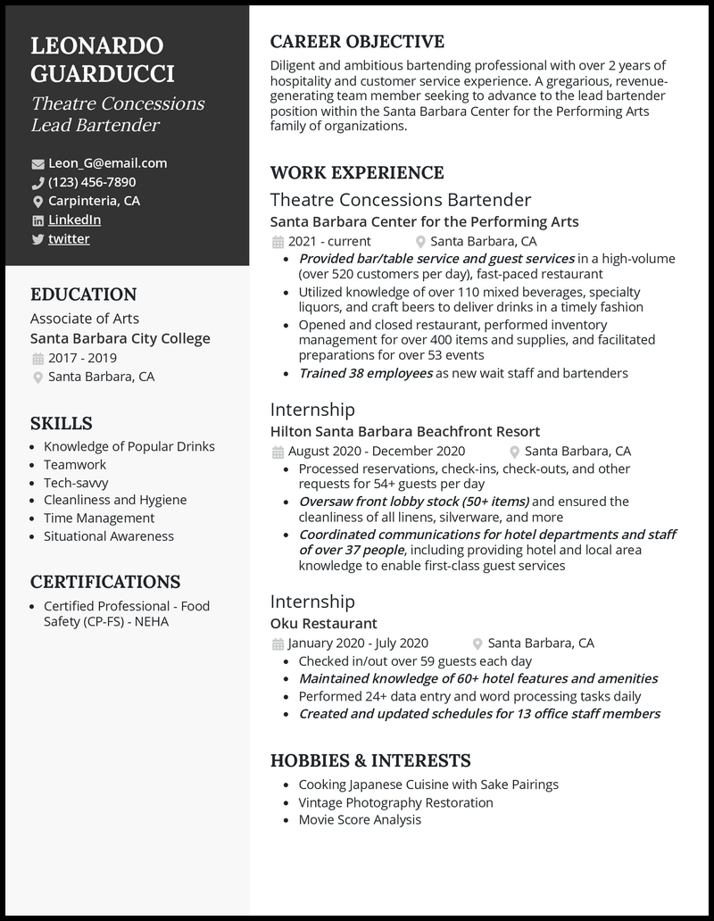 Lead bartender resume example with 5+ years experience