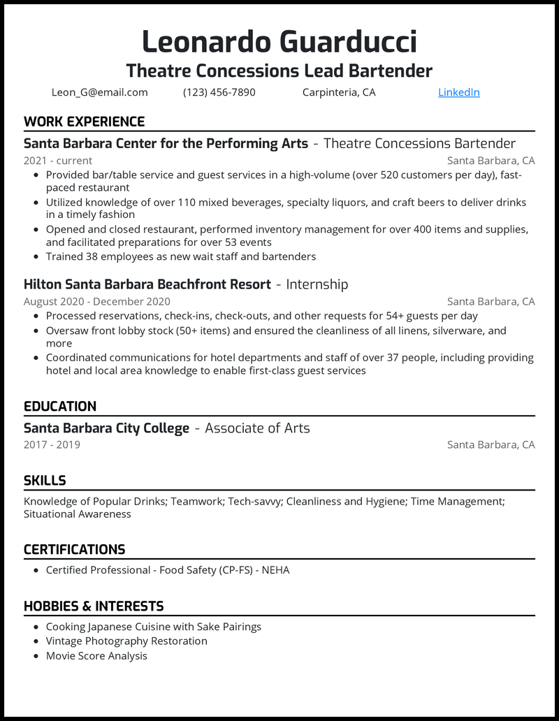 Clean lead bartender resume example