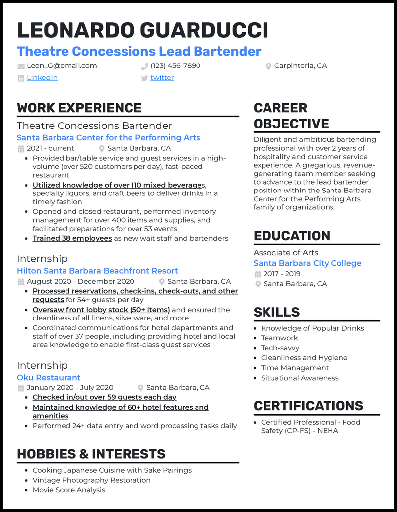 Elegant lead bartender resume example