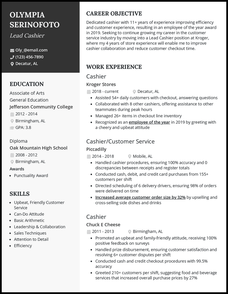 Elegant lead cashier resume example