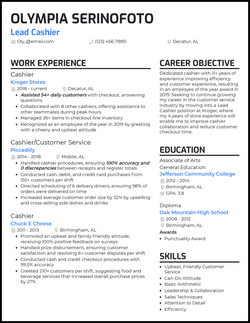 Lead cashier resume example with 8+ years experience