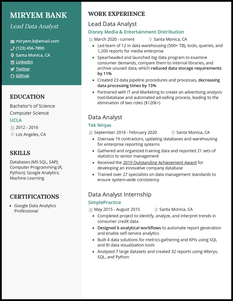 Lead data analyst resume example with 6+ years of experience