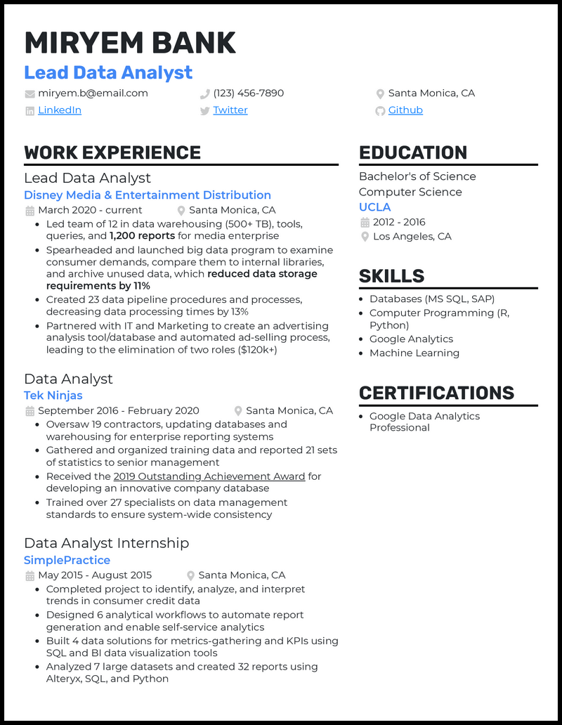 Clean lead data analyst resume example