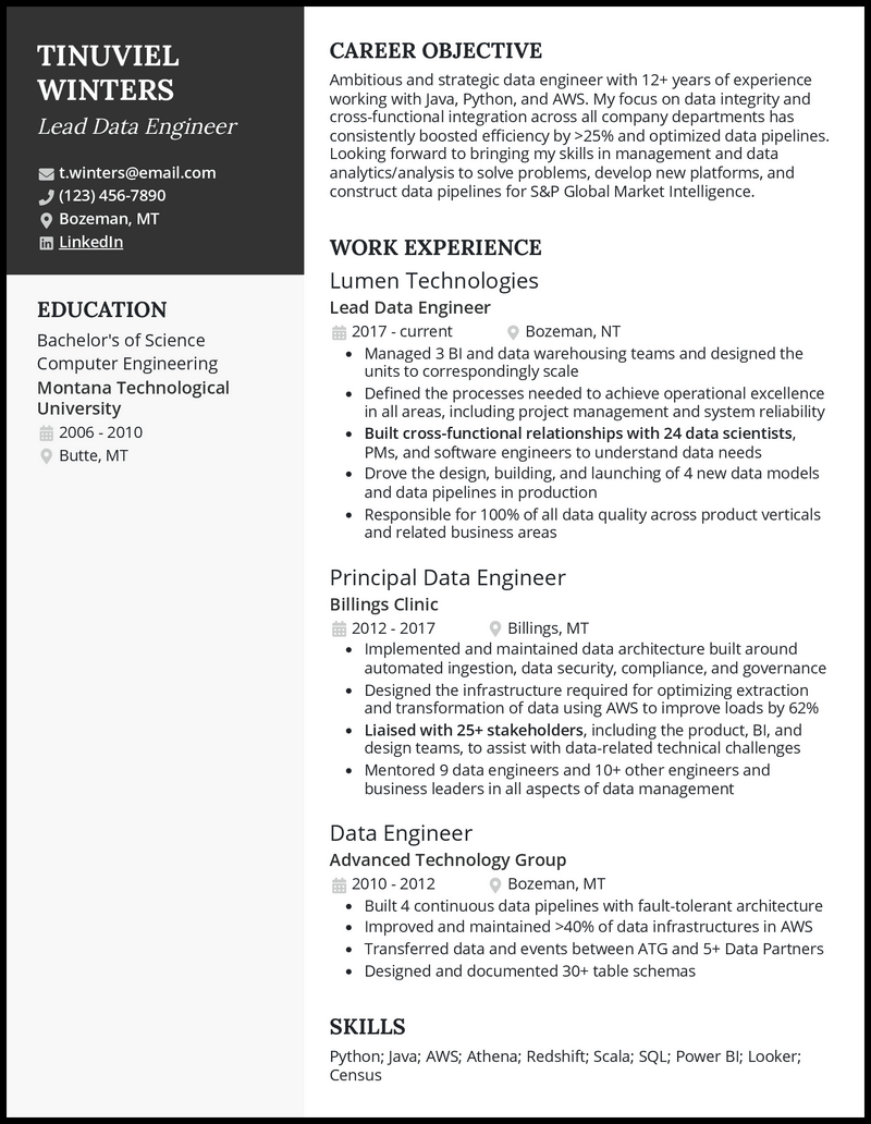 Lead data engineer resume example with 10+ years of experience