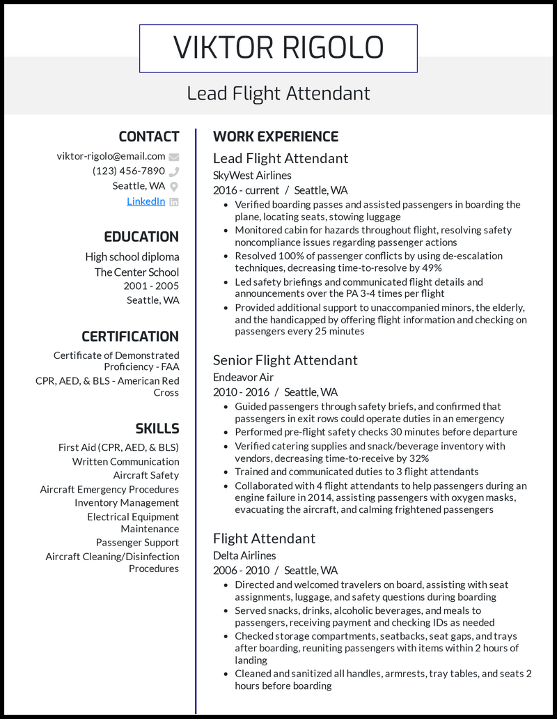 flight attendant resume experience