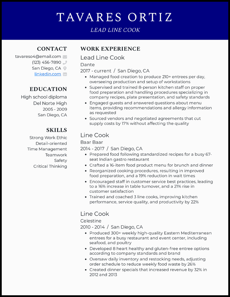 Lead line cook resume example with 13 years of experience