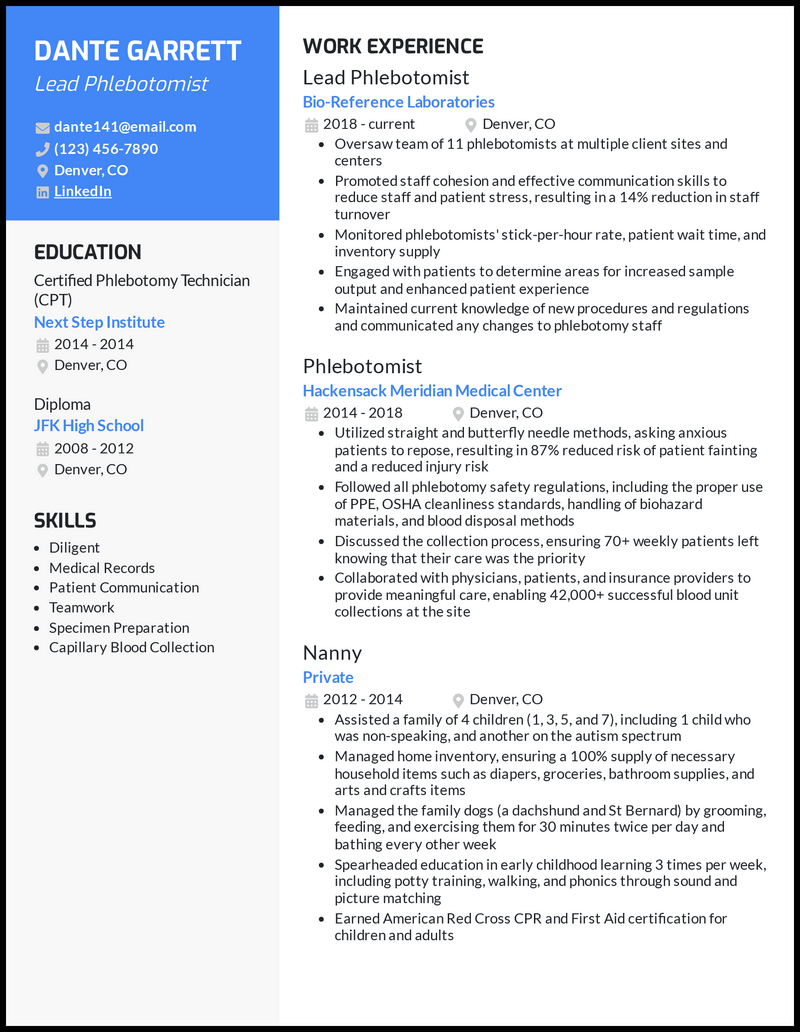 Lead phlebotomist resume example with 9 years of experience