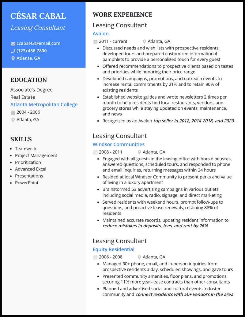 Clean leasing consultant resume example