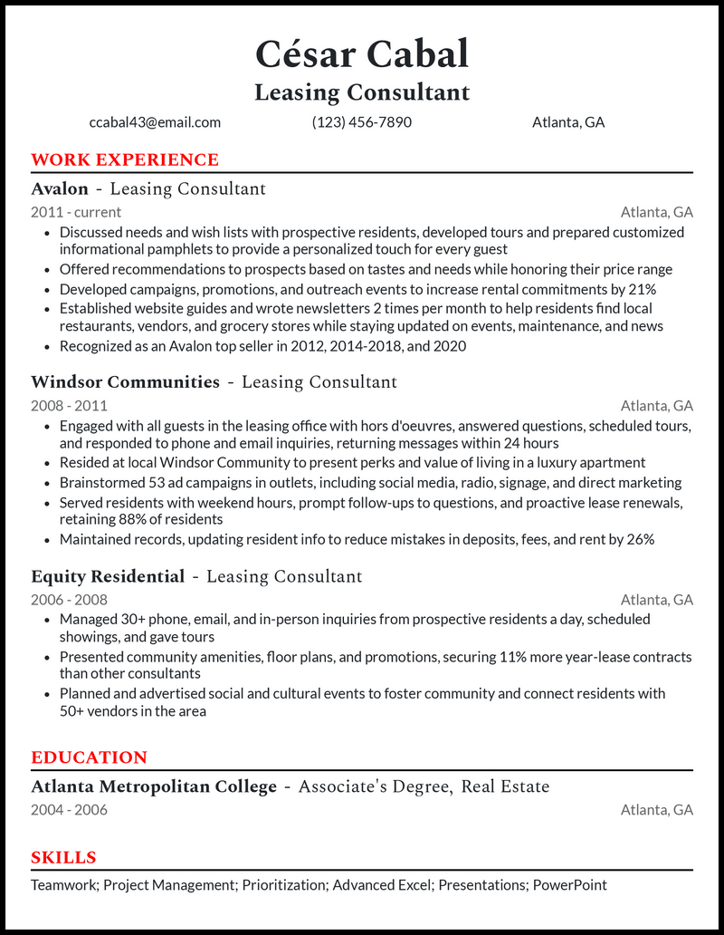 Modern leasing consultant resume example