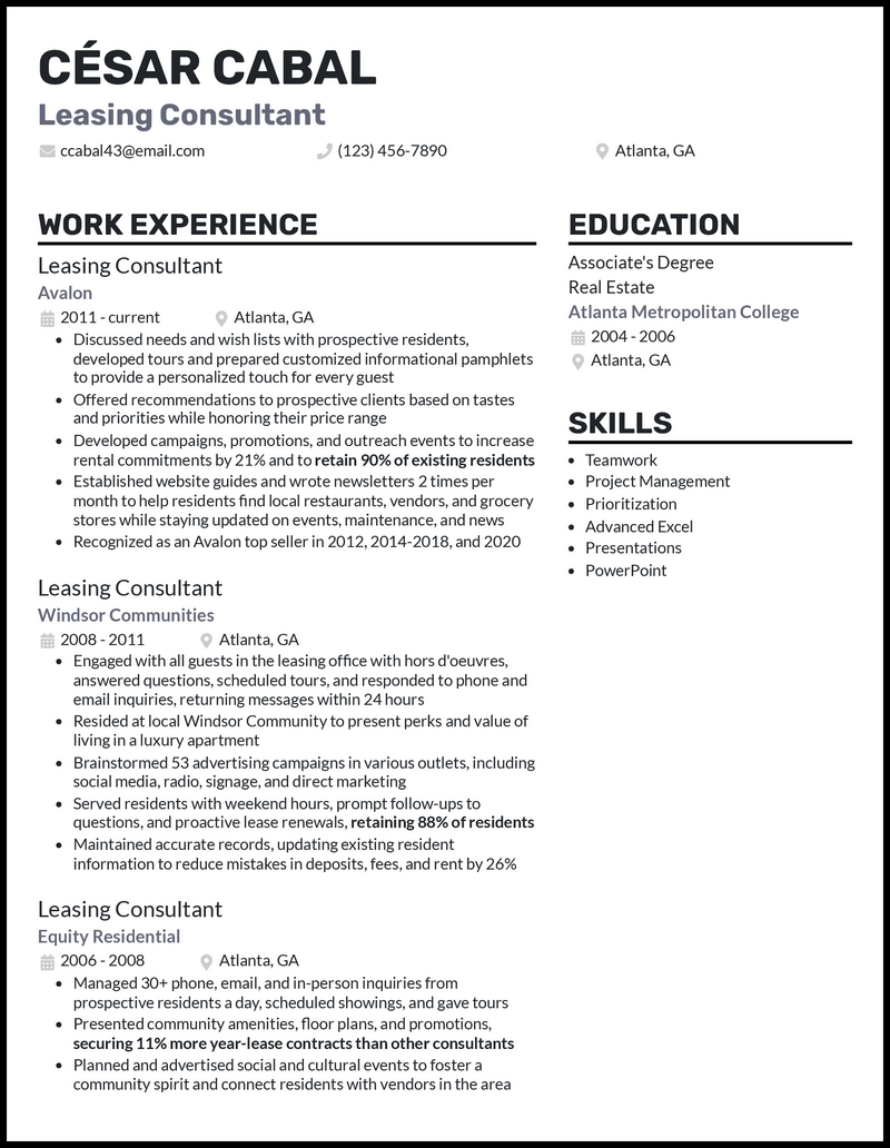 Leasing consultant resume example with 7+ years experience