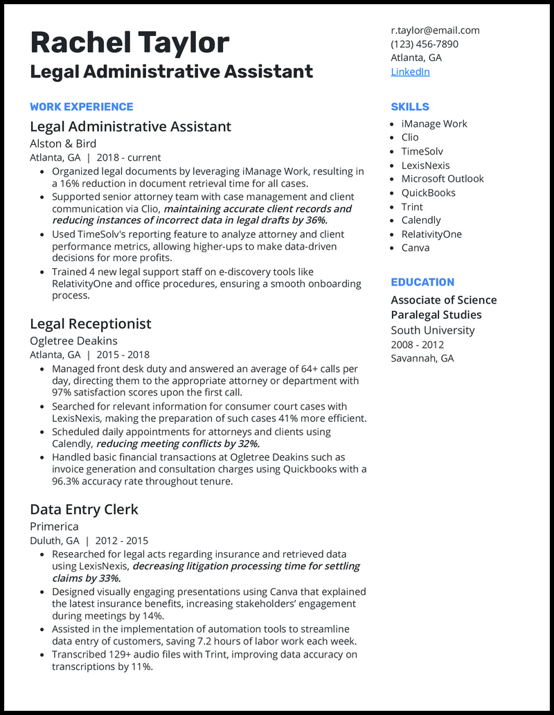 Legal administrative assistant resume example with 8 years of experience