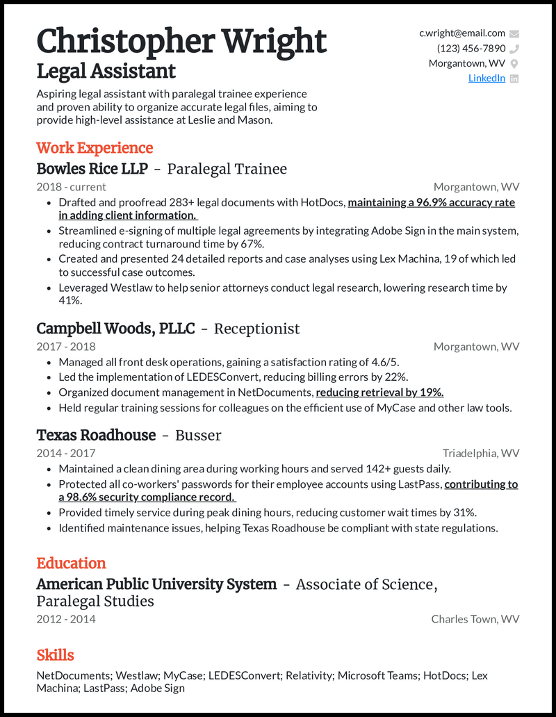 Legal assistant no experience resume example