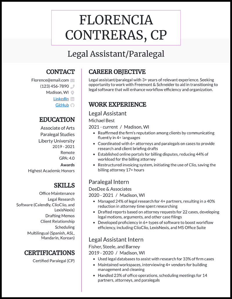 Legal assistant paralegal resume example with 3 years of experience