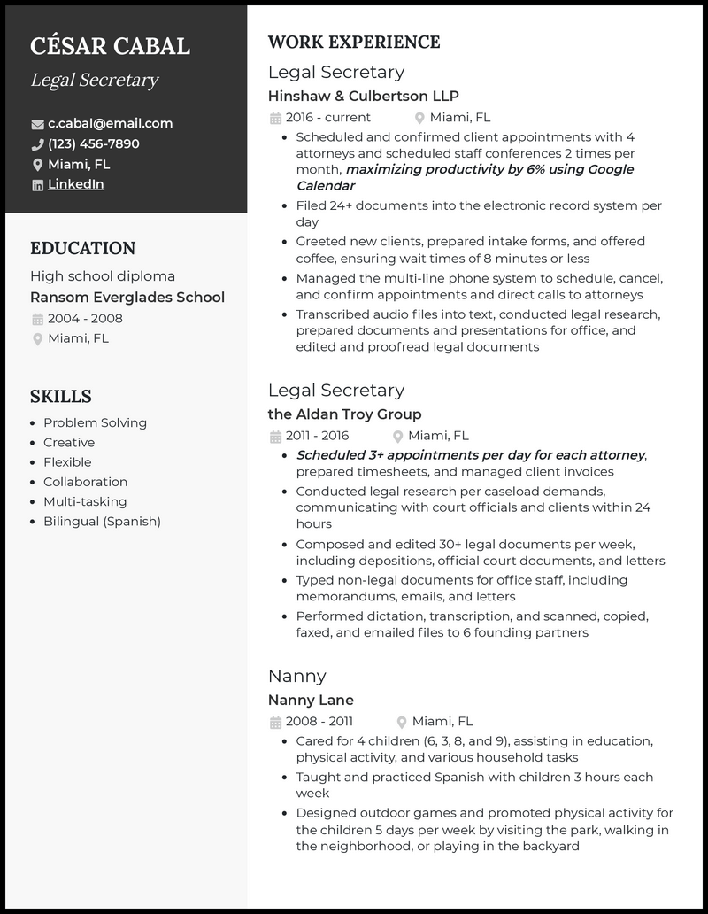 Legal secretary resume example with 6+ years experience