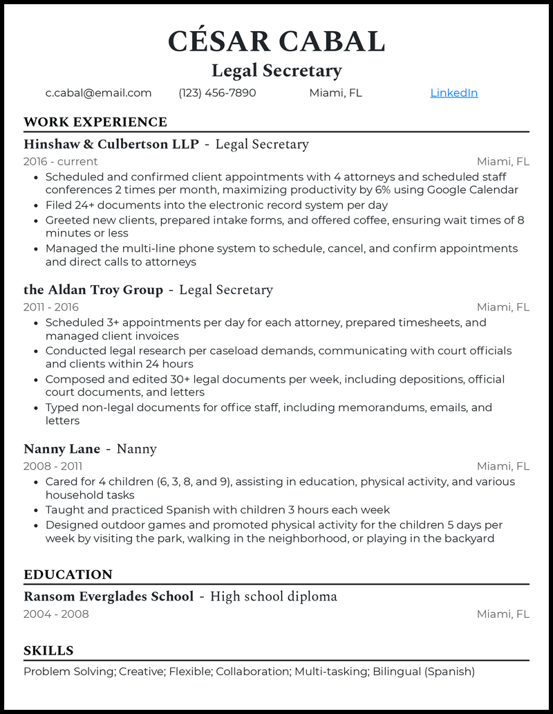 3 Legal Secretary Resume Examples That Got Jobs In 2024   Legal Secretary Professional Resume Example 