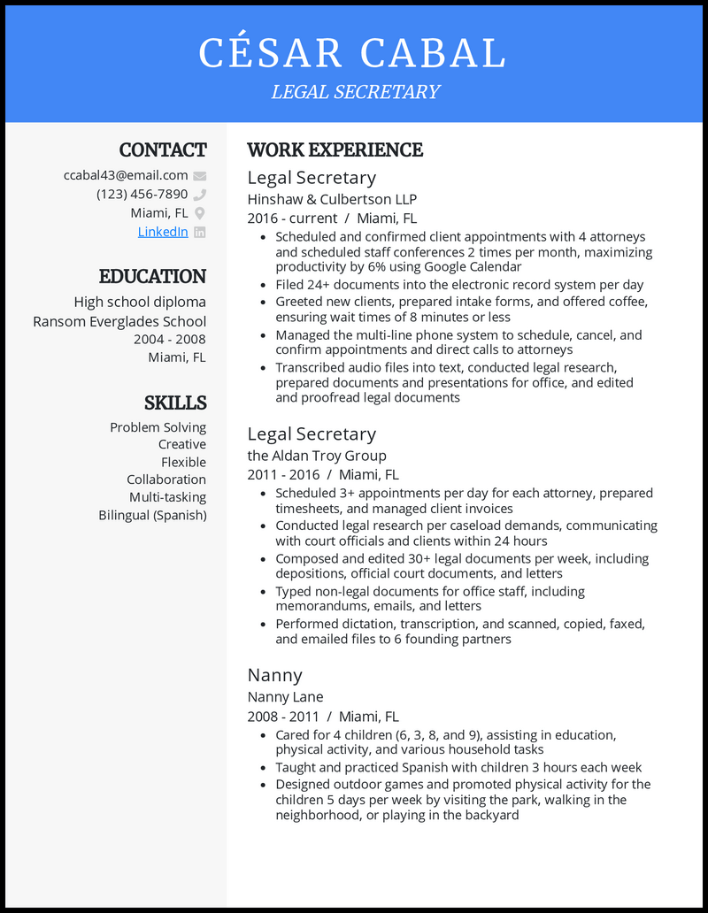 Legal secretary resume example with 11 years of experience