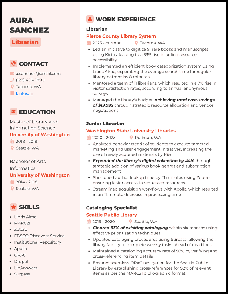 Librarian resume example with 9 years experience