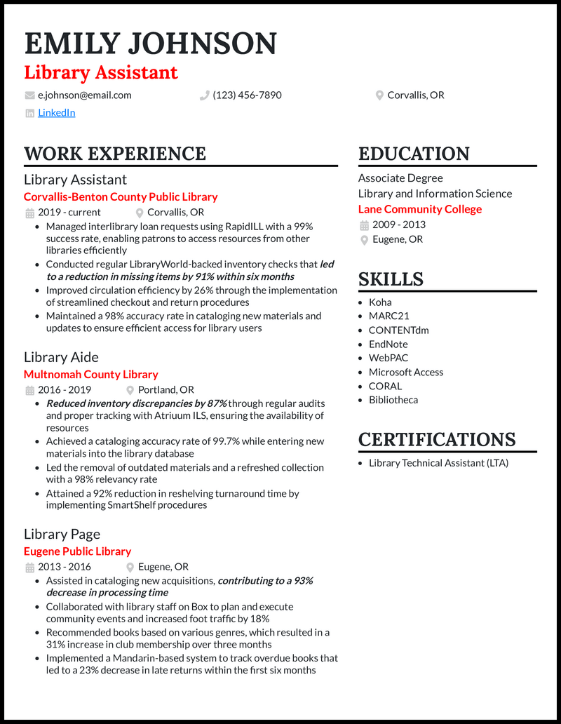 Library Assistant resume example with 10 years experience