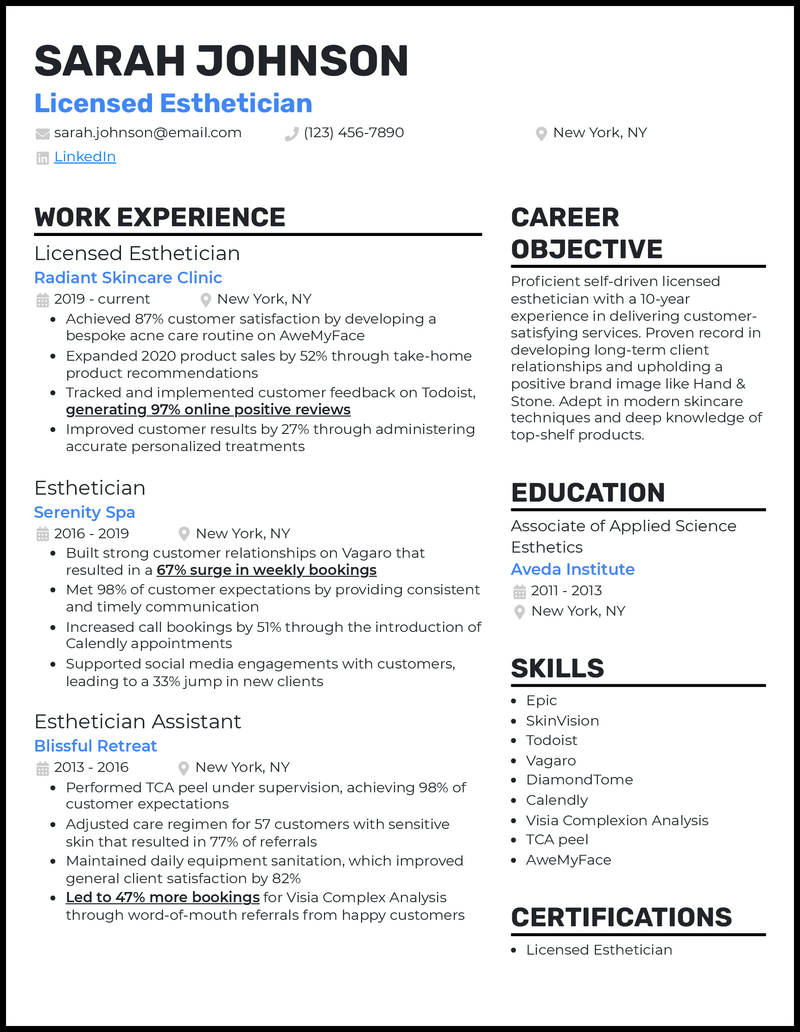 9 Esthetician Resume Examples That Work In 2024   Licensed Esthetician Resume Example 