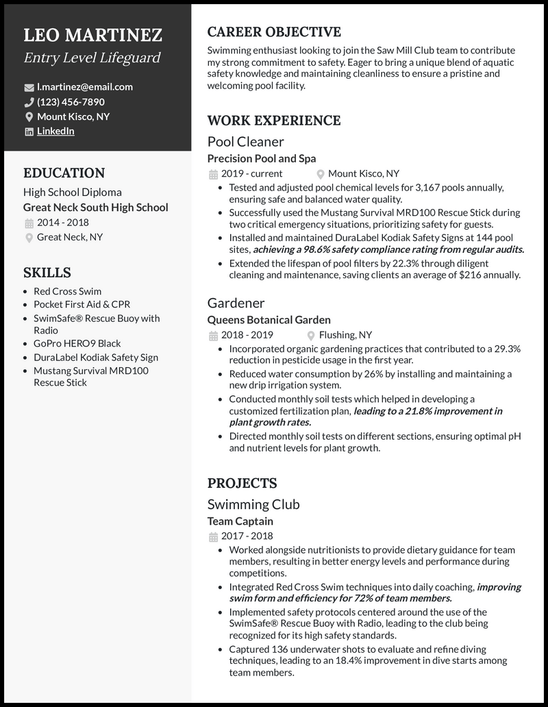 Lifeguard no experience resume example with pool cleaning experience