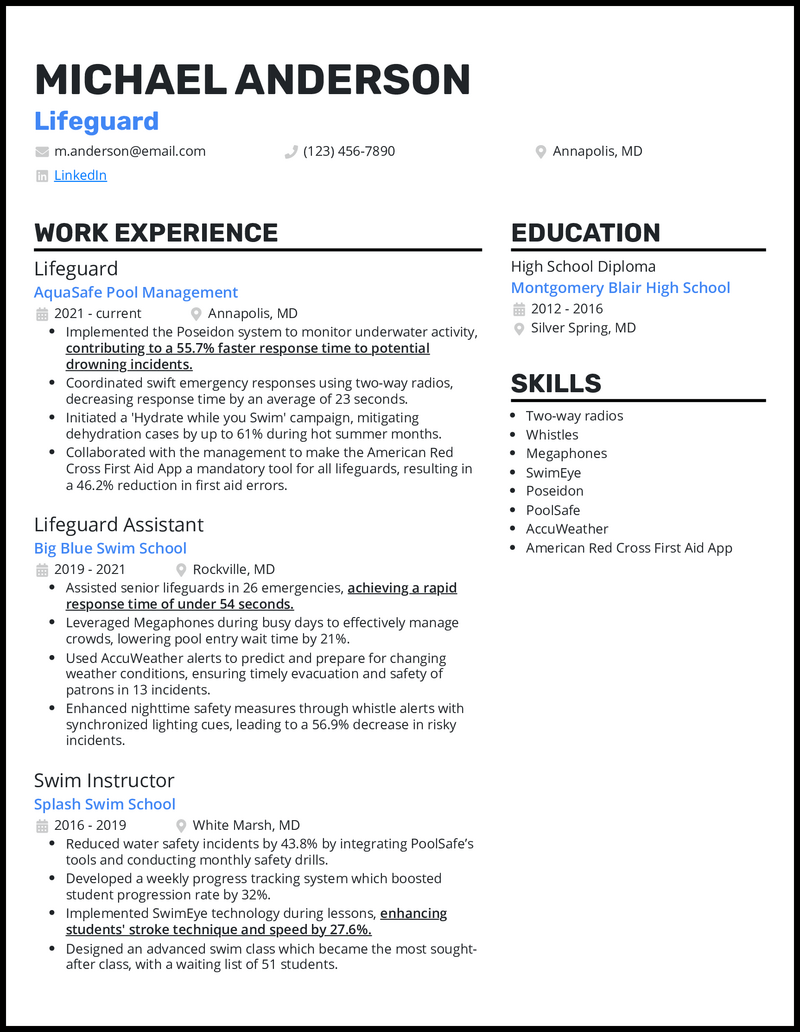 Lifeguard resume example with 4 years of experience