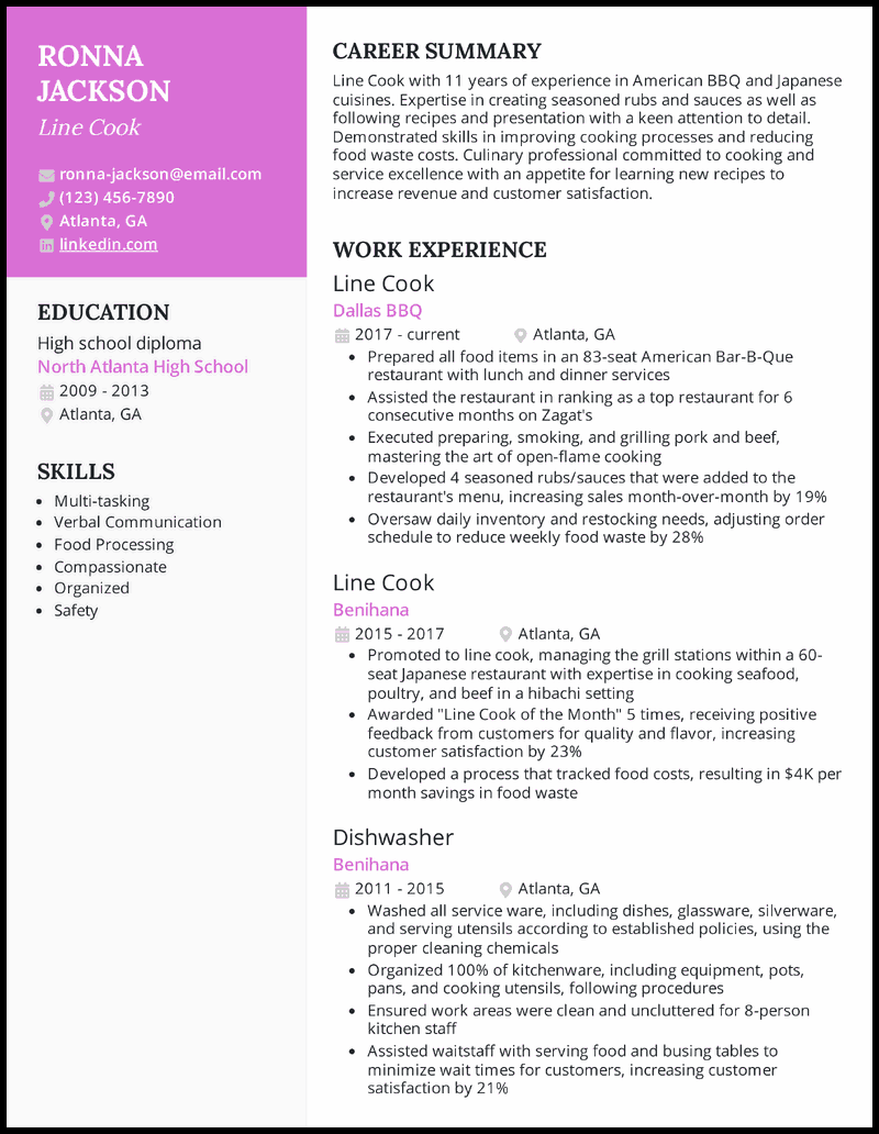 Line cook resume example with 7+ years of experience