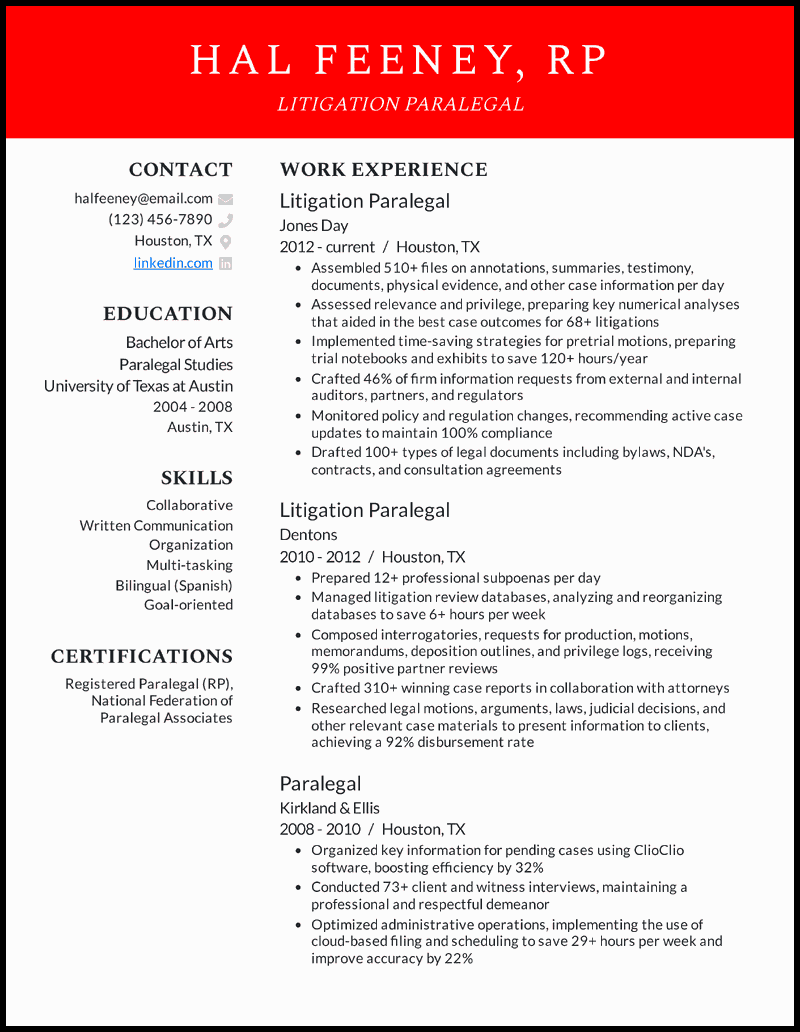 Litigation paralegal resume example with 13 years of experience