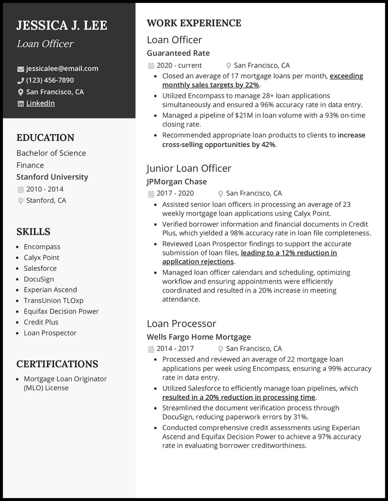 Loan officer resume example with 9 years of experience