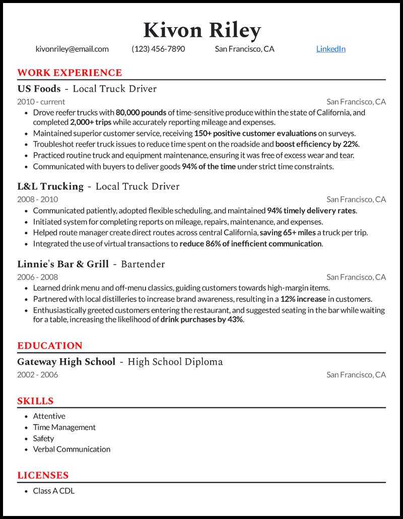 11 Real Truck Driver Resume Examples That Worked In 2024   Local Truck Driver Resume Example 