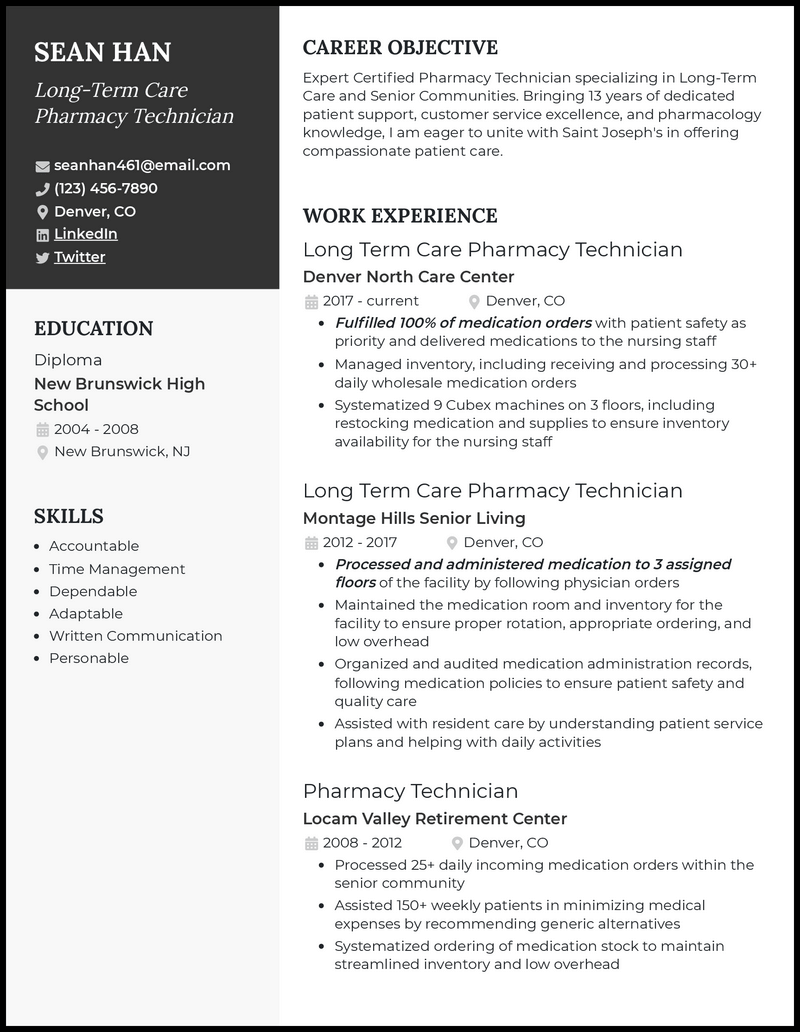 Long term care pharmacy technician resume example with 10+ years of experience