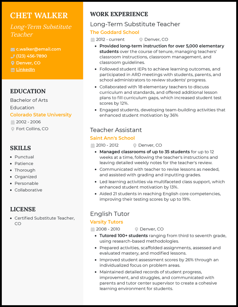 Long term substitute teacher resume example with 8+ years experience