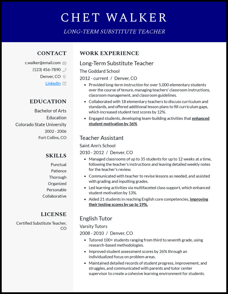 Formal long term substitute teacher resume example with 8+ years experience