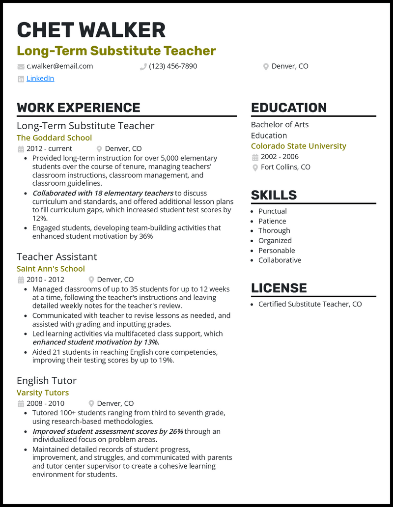 Professional long term substitute teacher resume example with 8+ years experience